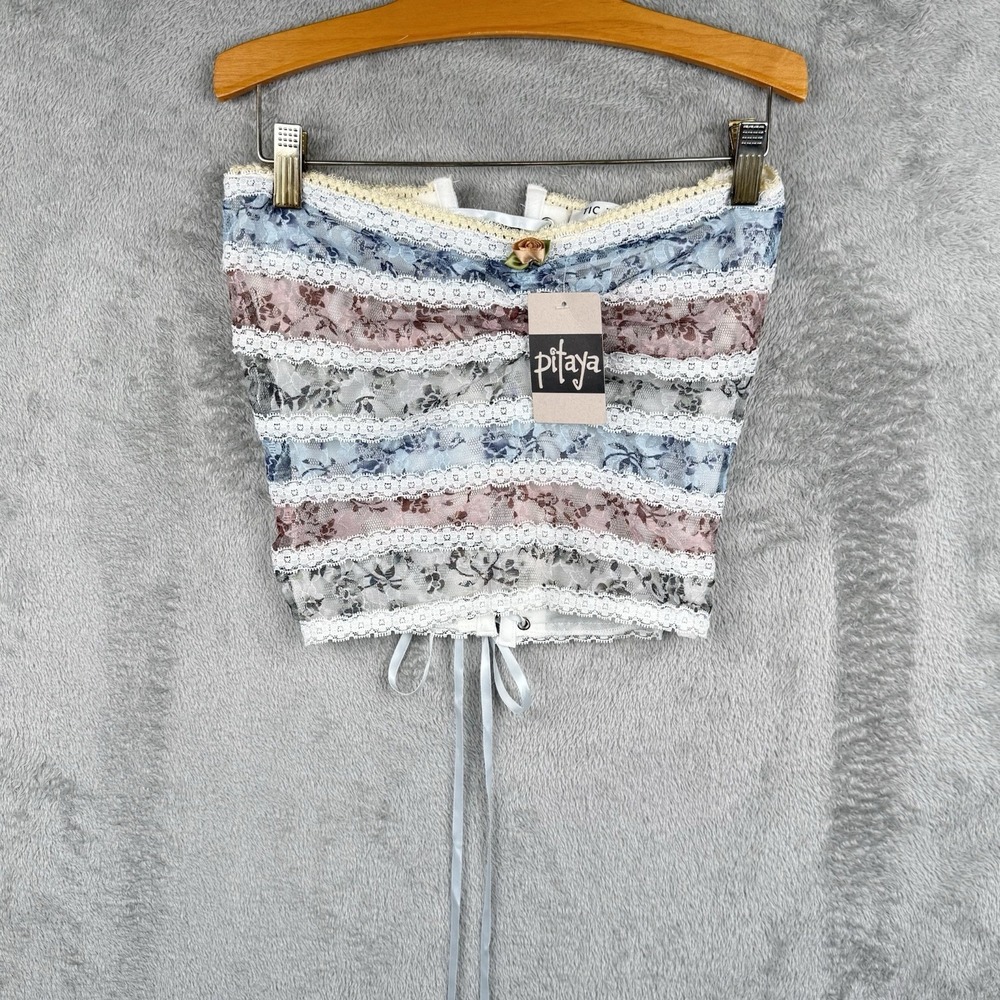 Tic Toc Tube Top Womens S Lace Trim Multicolor Stripe Lace-Up Back Y2K VTG NWT